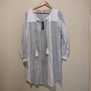 Artisan NY Women Large Tunic Top, White Striped, Embroidered, Boho Peasant (NWT)
